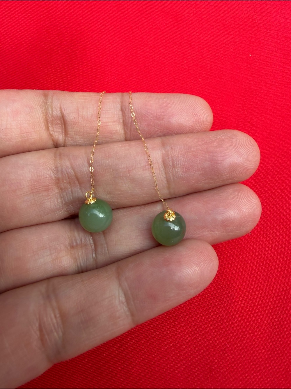 Solid 18K Gold Jade Threaded Dangle Earrings
